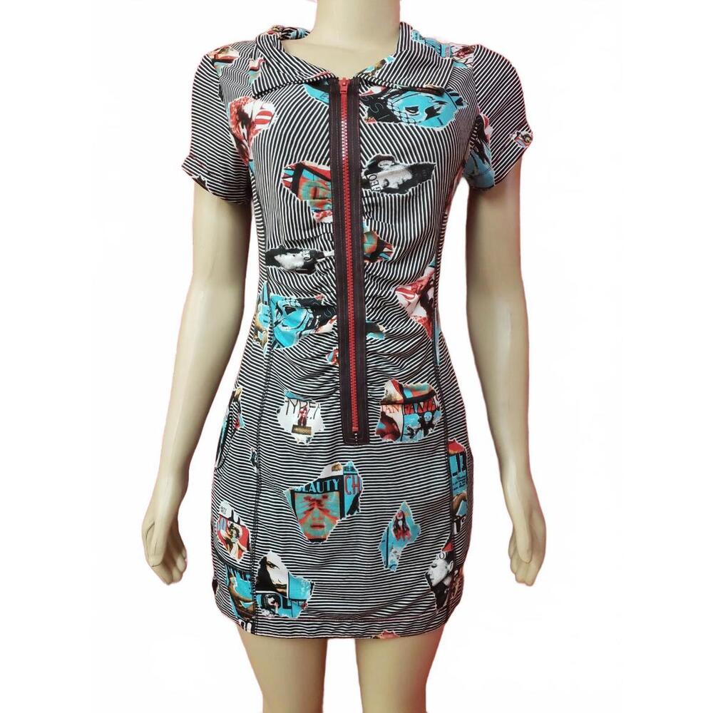 EPONNAHUA  Rare Jersey Striped Graphic Ladies Dress Multicolor Short Sleeve #CB8